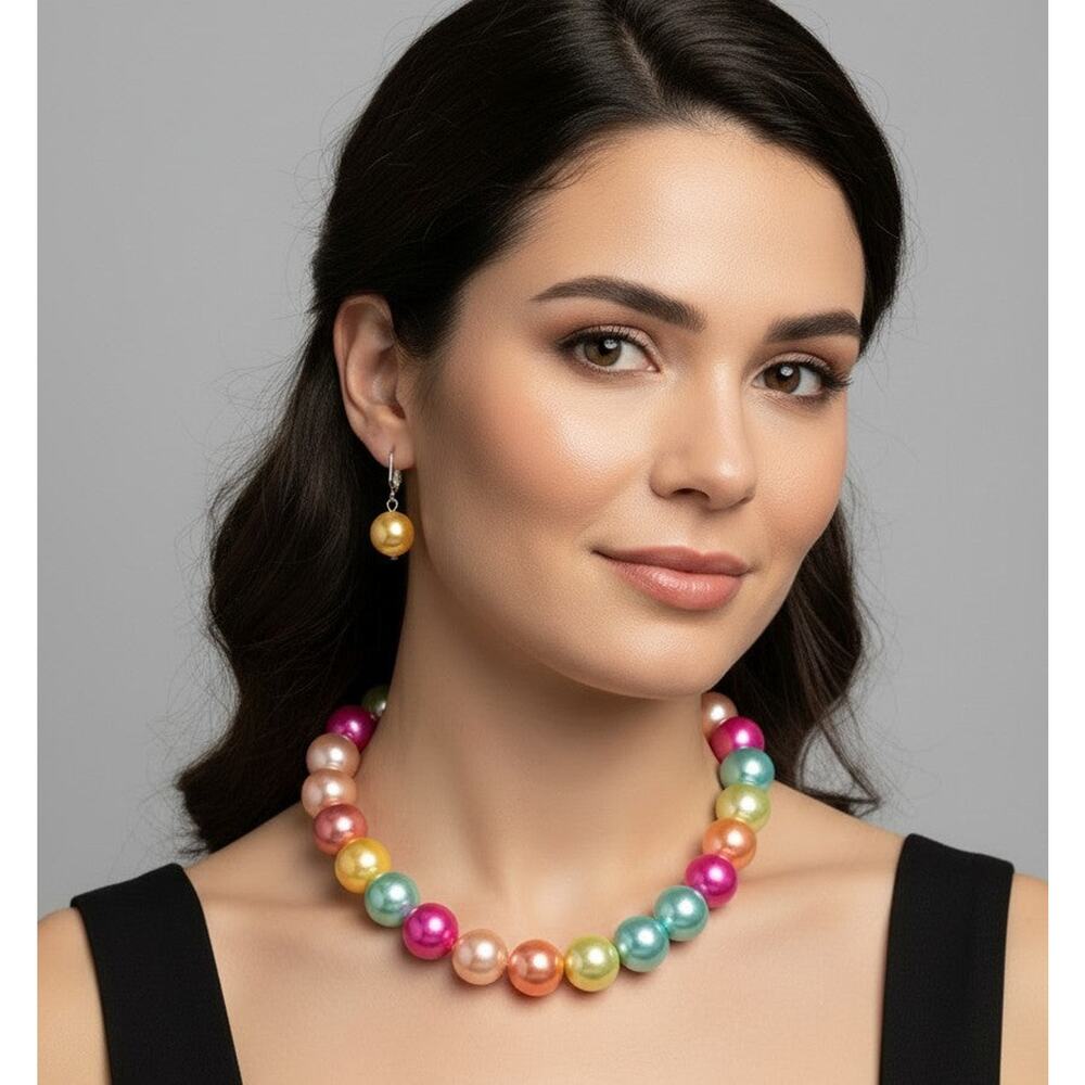 Clip on silver yellow, pink multi colored bead necklace and earring set